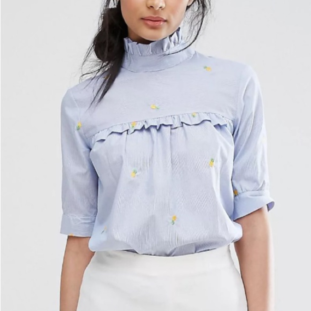 Closet London High Neck Short Sleeve Pinstripe Top Embroidered Pineapples Size 6